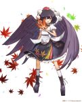  1girl artist_name black_hair black_skirt blush eyebrows_visible_through_hair full_body hat hidden_star_in_four_seasons holding holding_leaf kneehighs leaf looking_at_viewer open_mouth puffy_short_sleeves puffy_sleeves red_eyes red_hat shameimaru_aya short_hair short_sleeves skirt smile solo tansan_daisuki tokin_hat touhou twitter_username white_legwear wings 