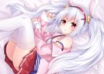  1girl animal_ears azur_lane bangs bare_shoulders bed_sheet breasts camisole cleavage collarbone commentary_request eyebrows_visible_through_hair hair_between_eyes hair_ornament hairband jacket jewelry komori_kuzuyu laffey_(azur_lane) long_hair long_sleeves looking_at_viewer lying off_shoulder on_side parted_lips pink_jacket pleated_skirt rabbit_ears red_eyes red_hairband red_skirt ring silver_hair skirt sleeves_past_wrists small_breasts solo strap_slip thigh-highs twintails very_long_hair wedding_band white_camisole white_legwear 