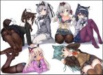  6+girls ahoge all_fours alternate_legwear animal animal_ears animal_on_head aqua_hair arm_behind_back ass black_border black_cat black_hairband black_legwear black_panties black_serafuku black_shirt black_skirt blonde_hair blue_eyes blue_hair blue_skirt blush border bow bowtie bra braid breasts brown_eyes brown_hair brown_skirt buttons cat cat_ears cat_on_head cleavage closed_mouth collared_shirt covering_mouth dark_skin embarrassed eyebrows_visible_through_hair fake_animal_ears fox_ears fox_tail frilled_skirt frills full_body gloves green_eyes grey_jacket grey_skirt hair_between_eyes hair_ornament hair_over_one_eye hair_over_shoulder hair_ribbon hairband hairclip hamakaze_(kantai_collection) hand_on_own_cheek hands_up hat jacket kantai_collection kemonomimi_mode knees_up legs_up long_hair long_sleeves looking_at_viewer looking_back lying medium_breasts miniskirt multiple_girls navel neckerchief nijimoto_hirok no_shoes on_back on_head one_side_up open_clothes open_jacket open_shirt panties panties_under_pantyhose pantyhose pantyshot pantyshot_(sitting) party_hat paw_pose pink_panties pink_sweater pleated_skirt purple_legwear red_bow red_bra red_neckwear red_ribbon remodel_(kantai_collection) ribbon ro-500_(kantai_collection) school_uniform seiza serafuku shigure_(kantai_collection) shirt simple_background single_braid sitting skirt sleeves_past_wrists smile suzutsuki_(kantai_collection) suzuya_(kantai_collection) sweater swimsuit swimsuit_under_clothes tail thigh-highs thighband_pantyhose thihs underwear ushio_(kantai_collection) very_long_hair wariza white_background white_gloves white_hairband white_legwear white_neckwear white_shirt white_skirt wing_collar yellow_neckwear zettai_ryouiki 