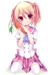 1girl :q ai_1003 bangs blush bow breasts bunny_hair_ornament carrot closed_mouth eyebrows_visible_through_hair food full_body hair_between_eyes hair_bow hair_ornament hands_up head_tilt highres holding holding_food light_brown_hair looking_at_viewer medium_breasts original pink_sailor_collar pink_skirt pleated_skirt puffy_short_sleeves puffy_sleeves red_eyes sailor_collar school_uniform serafuku shirt short_sleeves sitting skirt smile solo striped striped_bow thigh-highs tongue tongue_out twintails wariza white_background white_legwear white_shirt 