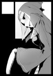  1girl :d black_sclera blush circle_cut crazy_smile from_behind greyscale hood_up long_sleeves looking_at_viewer looking_back monochrome monster_girl nun open_mouth original simple_background smile solo soropippub upper_body white_background wide_sleeves 