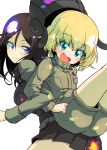  2girls back-to-back bangs black_footwear black_hat black_skirt black_vest blonde_hair blue_eyes boots closed_mouth commentary_request emblem eyebrows_visible_through_hair fang girls_und_panzer green_jacket green_jumpsuit hat helmet highres jacket katyusha leaning_forward lifting_person locked_arms long_hair long_sleeves looking_at_viewer looking_back military military_uniform miniskirt multiple_girls nonna open_mouth pleated_skirt pravda_military_uniform short_hair short_jumpsuit simple_background skirt smile standing sw uniform vest white_background 