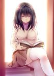  1girl black_hair book breasts brown_skirt commentary_request creek_(moon-sky) hair_between_eyes highres holding holding_book legs_crossed long_hair long_sleeves looking_down medium_breasts open_book original pleated_skirt reading sitting skirt solo white_legwear 