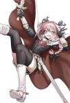  1girl :d astolfo_(fate) black_legwear blush boots braid cape commentary convenient_leg falling fang fate/apocrypha fate_(series) fur_trim gauntlets hair_between_eyes hair_ribbon hand_up holding holding_sword holding_weapon juliet_sleeves long_hair long_sleeves looking_at_viewer mins_(minevi) multicolored_hair open_mouth pink_eyes pink_hair puffy_sleeves red_cape ribbon sheath simple_background single_braid smile solo streaked_hair sword thigh-highs tress_ribbon unsheathed w weapon white_background white_footwear 