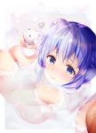  1girl bangs bathing blue_eyes blush closed_mouth commentary_request eyebrows_visible_through_hair from_above gochuumon_wa_usagi_desu_ka? hair_between_eyes highres kafuu_chino light_blue_hair long_hair looking_at_viewer nose_blush nude partially_submerged petals petals_on_water rabbit rouka_(akatyann) solo squiggle water wet 