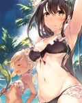  2girls arm_up armpits bikini black_bikini black_eyes black_hair blonde_hair breasts closed_eyes dark_skin day frilled_bikini frills granblue_fantasy hair_between_eyes io_euclase jessica_(granblue_fantasy) long_hair medium_breasts multiple_girls navel outdoors palm_tree sidelocks sky small_breasts smile stomach sweat swimsuit tan tree twintails under_boob white_bikini zama_masaaki 