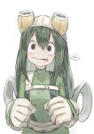  1girl :p asui_tsuyu bangs belt black_eyes blush bodysuit boku_no_hero_academia closed_mouth eyebrows_visible_through_hair frog_girl gloves goggles goggles_on_head green_bodysuit green_hair hair_between_eyes long_hair long_sleeves looking_at_viewer mins_(minevi) simple_background solo standing tongue tongue_out upper_body white_background white_gloves 