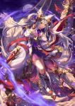  1girl animal_ears fantasy flower fox_ears fox_tail full_body glint hair_flower hair_ornament hair_rings headpiece highres long_hair moon original purple_skirt red_eyes shenteita skirt solo tail two_side_up very_long_hair white_hair white_legwear wide_sleeves 