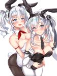  2girls :d alternate_costume anchor_symbol animal_ears bare_shoulders between_breasts black_legwear black_leotard black_neckwear blue_eyes blush breast_press breasts bunny_tail bunnysuit closed_mouth collarbone commentary_request cowboy_shot detached_collar elbow_gloves eyebrows eyebrows_visible_through_hair fake_animal_ears gloves grey_eyes head_tilt highres hug hug_from_behind kantai_collection kashima_(kantai_collection) large_breasts leaning_forward leotard looking_at_viewer multiple_girls neck_ribbon necktie necktie_between_breasts open_mouth pantyhose rabbit_ears red_neckwear red_ribbon ribbon round_teeth shiny shiny_hair shiny_skin sidelocks simple_background skindentation smile standing strapless strapless_leotard suzutsuki_(kantai_collection) tail tareme teeth twintails untsue white_background white_gloves white_hair white_legwear white_leotard wrist_cuffs 