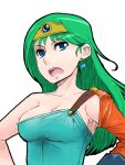  1girl blue_eyes breasts circlet commentary_request dragon_quest dragon_quest_iv earrings gloves green_hair heroine_(dq4) jewelry large_breasts long_hair misonou_hirokichi open_mouth slime_(dragon_quest) solo 