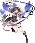  1girl boots bow_(weapon) breasts brown_hair butterfly_hair_ornament empty_eyes full_body hair_ornament holding holding_arrow holding_bow_(weapon) holding_weapon large_breasts nagato_shizuki_(oshiro_project) official_art oshiro_project oshiro_project_re pleated_skirt quiver red_eyes skirt transparent_background weapon white_skirt yuuki_kira 