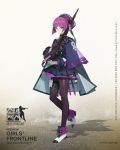 1girl ankle_boots artist_request bangs blue_eyes boots cape capelet character_name character_request detached_sleeves dress eyebrows_visible_through_hair girls_frontline gloves gun highres holding holding_weapon logo long_hair long_sleeves looking_at_viewer official_art one_leg_raised pantyhose platform_footwear purple_hair rifle scope see-through shadow short_dress simple_background skirt solo thigh_strap tied_hair weapon 