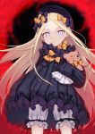  1girl abigail_williams_(fate/grand_order) bangs black_bow black_dress black_hat blonde_hair bloomers bow butterfly commentary_request cowboy_shot dress fate/grand_order fate_(series) hair_bow hands_in_sleeves hat highres ivan_wang long_hair long_sleeves looking_at_viewer object_hug orange_bow parted_bangs parted_lips polka_dot polka_dot_bow solo stuffed_animal stuffed_toy teddy_bear underwear very_long_hair violet_eyes white_bloomers 