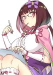  1girl bangs bow breasts brown_hair cape detached_sleeves eyebrows_visible_through_hair fate/grand_order fate_(series) food glasses hair_bow high-waist_skirt holding holding_pen large_breasts mouth_hold osakabe-hime_(fate/grand_order) pen pink_cape pocky purple_bow purple_skirt red_eyes shirt simple_background sitting skirt socks solo soropippub tablet white_background white_legwear white_shirt 
