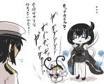  1boy 2girls black_hair chibi comic commentary_request crying crying_with_eyes_open detached_sleeves dress elbow_gloves entombed_air_defense_guardian_hime epaulettes gloves gomasamune hair_between_eyes hand_on_hip hat highres hood hood_up horn japanese_clothes kantai_collection military military_hat military_uniform multiple_girls night_strait_hime_(black) nontraditional_miko obi one_eye_covered open_mouth outstretched_arms peaked_cap sash shinkaisei-kan short_hair skirt tears translation_request uniform white_hair wide_sleeves yellow_eyes 