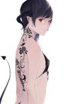  1girl absurdres ayubee back_tattoo black_hair breasts demon_tail from_side highres horns looking_at_viewer original pointy_ears red_eyes simple_background small_breasts solo tail tattoo white_background 