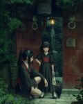  2girls absurdres bangs black_hair black_hakama bracelet cat closed_mouth day frown gate guweiz hakama hand_on_hip headband highres japanese_clothes jewelry long_hair long_sleeves multiple_girls original outdoors parted_bangs plant ponytail postbox potted_plant puffy_short_sleeves puffy_sleeves sash shoes short_hair short_sleeves socks squatting standing water waterfall white_legwear wide_sleeves 