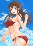  1girl :d akagi_(kantai_collection) alternate_costume ass bare_shoulders bikini blue_sky breasts brown_eyes brown_hair clothes_writing cowboy_shot from_below fukuroumori highres kantai_collection large_breasts long_hair looking_at_viewer midriff navel open_mouth partially_submerged red_bikini sky smile solo straight_hair swimsuit under_boob 
