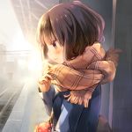  1girl blue_jacket breath brown_hair closed_mouth enpera from_side jacket kuga_tsukasa long_sleeves looking_down original railroad_tracks scarf short_hair solo sweater train_station upper_body yellow_scarf 