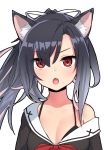  1girl animal_ears azur_lane bare_shoulders bikini_top black_bikini_top blush breasts cleavage eyebrows_visible_through_hair fang grey_hair hair_ribbon highres lips long_hair looking_at_viewer medium_breasts nezuko off_shoulder open_mouth ponytail red_eyes ribbon sailor_collar sailor_shirt shigure_(azur_lane) shirt sidelocks simple_background solo upper_body white_background 