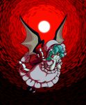  1girl bat_wings blue_hair flying hands_on_own_cheeks hands_on_own_face hat hat_ribbon looking_at_viewer mob_cap moon pale_skin peachems_(gemu) red_background red_eyes red_sky remilia_scarlet ribbon sash sky slit_pupils smile solo spread_wings touhou wavy_hair wings wrist_cuffs 