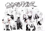  ... /\/\/\ 1boy 2girls :t ? abigail_williams_(fate/grand_order) absurdres alternate_hairstyle bags_under_eyes blush book bow cheek-to-cheek closed_eyes closed_mouth crying fate/grand_order fate_(series) fingers_together flying_sweatdrops fujimaru_ritsuka_(male) greyscale hair_bow head_tilt high_ponytail highres holding holding_book holding_stuffed_animal horn hug jacket lavinia_whateley_(fate/grand_order) long_hair looking_at_viewer monochrome multiple_girls open_book orange_bow outstretched_arms parted_lips pink_eyes ponytail reading shaded_face sofra spoken_ellipsis spot_color streaming_tears stuffed_animal stuffed_toy tears teddy_bear translation_request very_long_hair wavy_mouth 