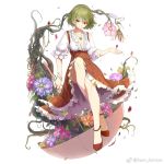  1girl bare_legs bracelet breasts cleavage closed_mouth full_body green_hair high-waist_skirt holding holding_umbrella jewelry kazami_yuuka looking_at_viewer medium_breasts necklace orange_flower petals pink_flower plaid plaid_skirt plant purple_flower red_eyes red_footwear red_skirt sam_ashton shoes short_hair simple_background skirt smile solo touhou umbrella vines white_background 