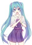  1girl belt blue_eyes blue_hair bracelet capelet contrapposto cowboy_shot dress hair_between_eyes hands_clasped hatsune_miku jewelry long_hair open_mouth own_hands_together purple_dress saito_(pigrank) simple_background smile solo twintails very_long_hair vocaloid white_background 