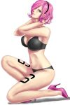  1girl black_bra black_hairband black_panties blue_eyes bra breasts cleavage collarbone from_side full_body hairband hands_in_hair head_tilt high_heels highres large_breasts looking_at_viewer navel one_knee one_piece panties pink_footwear pink_hair shiny shiny_skin short_hair side_ponytail simple_background solo tattoo toten_(der_fuhrer) underwear underwear_only vinsmoke_reiju white_background 