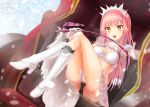  1girl bangs black_panties blunt_bangs bra breasts cleavage crown elbow_gloves fate/grand_order fate_(series) gloves hiyoko_biimu long_hair looking_at_viewer medb_(fate/grand_order) medium_breasts open_mouth panties pink_hair riding_crop sidelocks smile solo tiara underwear white_gloves yellow_eyes 