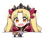  1girl :d bangs blonde_hair blush cape chan_co character_doll chibi crown dot_nose earrings ereshkigal_(fate/grand_order) eyebrows_visible_through_hair fate/grand_order fate_(series) figure fujimaru_ritsuka_(female) happy jewelry long_hair looking_at_viewer mash_kyrielight open_mouth purple_cape simple_background smile solo tohsaka_rin twintails white_background 