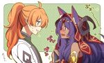  1boy 1girl animal_ears blush choco_taberusan dark_skin fate/grand_order fate_(series) green_background green_outline hood horns long_hair orange_hair outline outside_border polka_dot polka_dot_background purple_hair queen_of_sheba_(fate/grand_order) romani_akiman simple_background tears upper_body wavy_mouth 