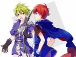  2boys armor blue_eyes boots bow_(weapon) breastplate fingerless_gloves fire_emblem fire_emblem:_fuuin_no_tsurugi gloves green_eyes green_hair holding holding_bow_(weapon) holding_weapon multiple_boys redhead roy_(fire_emblem) simple_background smile spiky_hair weapon wolt 