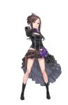  1girl belt black_footwear black_gloves black_skirt boots bow breasts brown_hair cleavage dorothy_(princess_principal) full_body gloves groin gun hair_bun highres holding holding_gun holding_weapon long_hair looking_at_viewer official_art princess_principal princess_principal_game_of_mission purple_bow skirt solo standing transparent_background violet_eyes weapon 