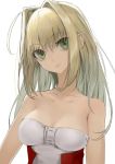  1girl ahoge bare_arms bare_shoulders blonde_hair breasts cleavage collarbone dress eyebrows_visible_through_hair eyes_visible_through_hair fate/extra fate_(series) green_eyes hair_between_eyes hair_intakes head_tilt long_hair looking_at_viewer medium_breasts mins_(minevi) nero_claudius_(fate) nero_claudius_(fate)_(all) parted_lips simple_background solo upper_body white_background white_dress 