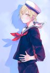  1boy blonde_hair green_eyes hand_on_hip hat male_focus glasses_(artist) ponytail sailor sailor_hat yuri!!!_on_ice yuri_plisetsky 