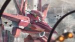  aircraft airplane arche_gundam blurry blurry_foreground building city day depth_of_field fighter_jet glowing glowing_eyes gundam gundam_00 guweiz highres jet mecha military military_vehicle motion_blur no_humans outdoors robot skyscraper solo standing 