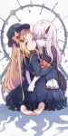  2girls abigail_williams_(fate/grand_order) bags_under_eyes bangs barefoot black_bow black_dress black_hat blonde_hair blue_eyes bow butterfly closed_mouth commentary_request dress eyebrows_visible_through_hair fate/grand_order fate_(series) hair_between_eyes hair_bow hands_in_sleeves hat highres horn hug key long_hair long_sleeves looking_at_viewer looking_back multiple_girls object_hug one_eye_closed orange_bow pale_skin pantie_painting parted_bangs pink_eyes polka_dot polka_dot_bow smile stuffed_animal stuffed_toy teddy_bear very_long_hair wavy_mouth white_background white_hair 