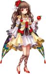 1girl alcazar_of_segovia_(oshiro_project) apple artist_request brown_hair detached_sleeves dress flower food fruit full_body hair_flower hair_ornament hair_ribbon high_heels holding holding_fruit holding_staff long_hair looking_at_viewer official_art oshiro_project oshiro_project_re red_eyes red_footwear ribbon rose sleeveless sleeveless_dress solo staff transparent_background white_ribbon yellow_dress 