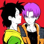  2boys black_eyes black_hair blue_eyes dragon_ball dragonball_z eyebrows_visible_through_hair looking_at_viewer male_focus multiple_boys neko_ni_chikyuu purple_hair red_background short_hair simple_background smile son_goten trunks_(dragon_ball) 