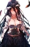  1girl albedo alternate_costume black_hair blurry breasts cleavage demon_girl demon_horns depth_of_field feathers highres horns hplay jewelry large_breasts long_hair looking_at_viewer necklace overlord_(maruyama) parted_lips smile solo yellow_eyes 