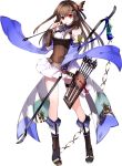  1girl boots bow bow_(weapon) breasts brown_hair butterfly_hair_ornament empty_eyes full_body hair_ornament holding holding_arrow holding_bow_(weapon) holding_weapon large_breasts long_hair nagato_shizuki_(oshiro_project) official_art oshiro_project oshiro_project_re pleated_skirt quiver red_eyes skirt smile solo transparent_background weapon white_skirt yuuki_kira 