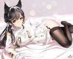  1girl aiguillette animal_ears artist_name atago_(azur_lane) azur_lane bangs bed_sheet black_hair breasts closed_mouth fox_ears garter_straps gloves hair_ribbon infinote large_breasts long_hair long_sleeves looking_at_viewer lying military military_uniform on_side ribbon smile solo swept_bangs thigh-highs thighs uniform white_gloves white_ribbon yellow_eyes 