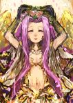  1girl 38legio blush bustier claws cleavage_cutout cosplay fate/grand_order fate_(series) flower flower_wreath gorgon_(fate) gorgon_(fate)_(cosplay) hair_flower hair_ornament head_wreath long_hair looking_at_viewer medusa_(lancer)_(fate) monster_girl navel open_mouth pelvic_curtain purple_hair rider scales smile solo very_long_hair wings 