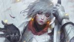  1girl blue_eyes blurry blurry_background breastplate cape commentary depth_of_field feathers flag gauntlets guweiz head_tilt holding holding_sword holding_weapon lips original outdoors parted_lips plate_armor rain red_cape short_hair silver_hair solo spaulders sword upper_body weapon 