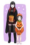  2girls adapted_costume akitsu_maru_(kantai_collection) black_hair boots brown_hair bucket cape fangs green_eyes hair_between_eyes halloween halloween_costume hat jack-o&#039;-lantern kantai_collection looking_at_viewer maru-yu_(kantai_collection) multiple_girls open_mouth pumpkin_costume pumpkin_hat shoes short_hair skirt smile star thigh-highs translation_request vampire_costume 