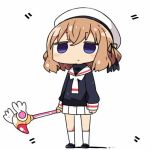  1girl beret black_footwear black_ribbon black_shirt blend_s blush card_captor_sakura closed_mouth commentary_request cosplay empty_eyes full_body hair_ribbon hat holding holding_wand hoshikawa_mafuyu kanikama kinomoto_sakura kinomoto_sakura_(cosplay) kneehighs light_brown_hair long_sleeves lowres pleated_skirt ribbon school_uniform serafuku shirt short_hair skirt sleeves_past_wrists solo standing violet_eyes wand white_hat white_legwear white_skirt 