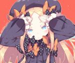  1girl abigail_williams_(fate/grand_order) arms_up artist_name bangs black_bow black_dress black_hat blonde_hair blue_eyes blush bow commentary_request dated dress fate/grand_order fate_(series) hair_bow hands_on_own_face hat head_tilt kotoba_(1074421015) long_hair long_sleeves looking_at_viewer orange_bow parted_bangs polka_dot polka_dot_bow red_background simple_background sleeves_past_wrists solo very_long_hair 