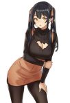  1girl animal_cutout bat_cutout black_hair black_legwear bracelet breasts cleavage cleavage_cutout cowboy_shot elf elf_(houtengeki) hair_ribbon high-waist_skirt highres houtengeki jewelry large_breasts long_hair long_sleeves looking_at_viewer orange_skirt original pantyhose parted_lips pointy_ears ribbed_sweater ribbon skirt solo sweater twintails yellow_eyes 