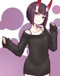  1girl alternate_costume bangs bare_shoulders black_dress black_sweater blush bob_cut closed_mouth collarbone cowboy_shot dress eyebrows_visible_through_hair eyeshadow fate/grand_order fate_(series) head_tilt i.u.y long_sleeves looking_at_viewer makeup multiple_girls off-shoulder_sweater oni_horns purple_hair short_hair shuten_douji_(fate/grand_order) sleeves_past_wrists smile solo standing sweater sweater_dress violet_eyes 